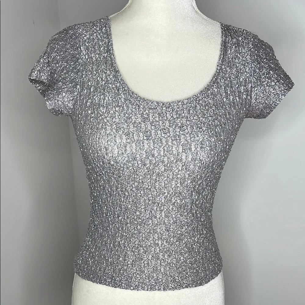 Vintage 90s Y2K Silver Metallic Textured Scoop Neck Top Wrapper M